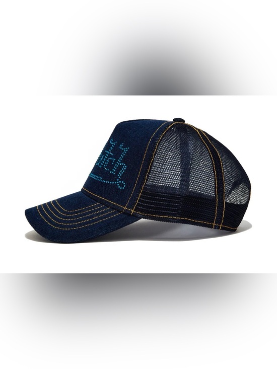 NWT Von Dutch Navy Rhinestone Logo Denim Trucker Hat